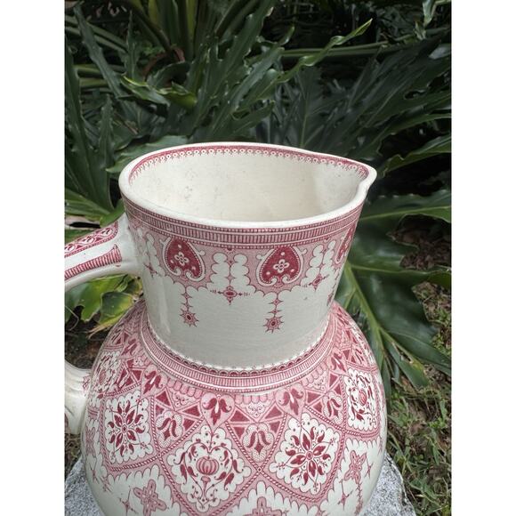Antique Sarreguemines “Calcutta” Pitcher Red Transferware French Faeince 9” - Picture 12 of 15